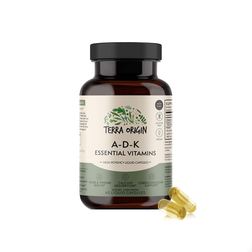 TERRA ORIGIN ADK Essential Vitamina Suplemento 60 Cápsulas Líquidas , Alta potência Vitamina A, D 5000 UI, K1 e K2 , Não OGM, Gluten Free, Vegan, Made in USA