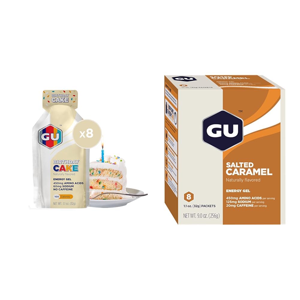 GU Energy Original Sports Nutrition Energy Gel, 8-Count Bolo de Aniversário e 8-Count Sabores Caramel Salgado
