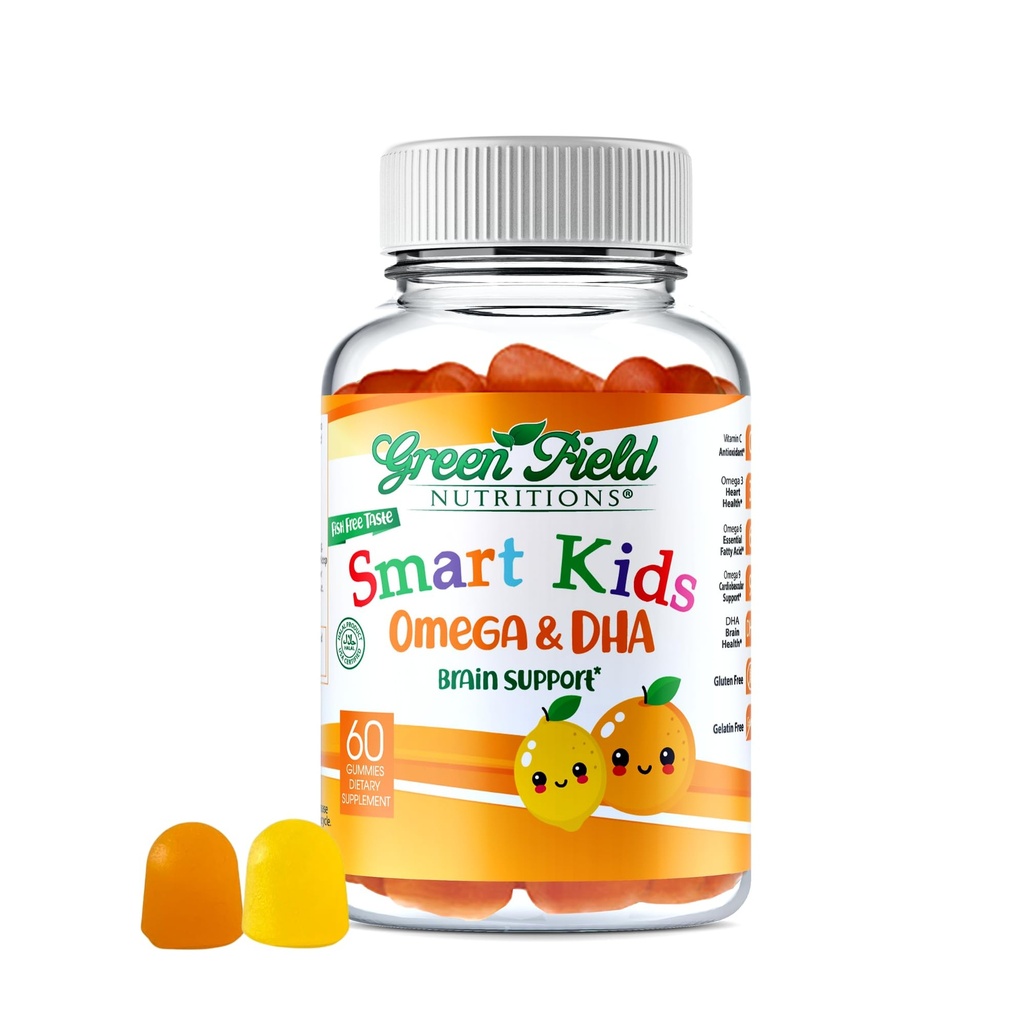Greenfield Nutrições Smart Kids Halal Omega 3 chicletes com DHA - 60 Halal Vitaminas para Crianças, Suporta Cérebro & Saúde Imune - Vegan, Não-GMO, Glúten, Gelatina-livre e Amendoim-livre de Halal Vitaminas