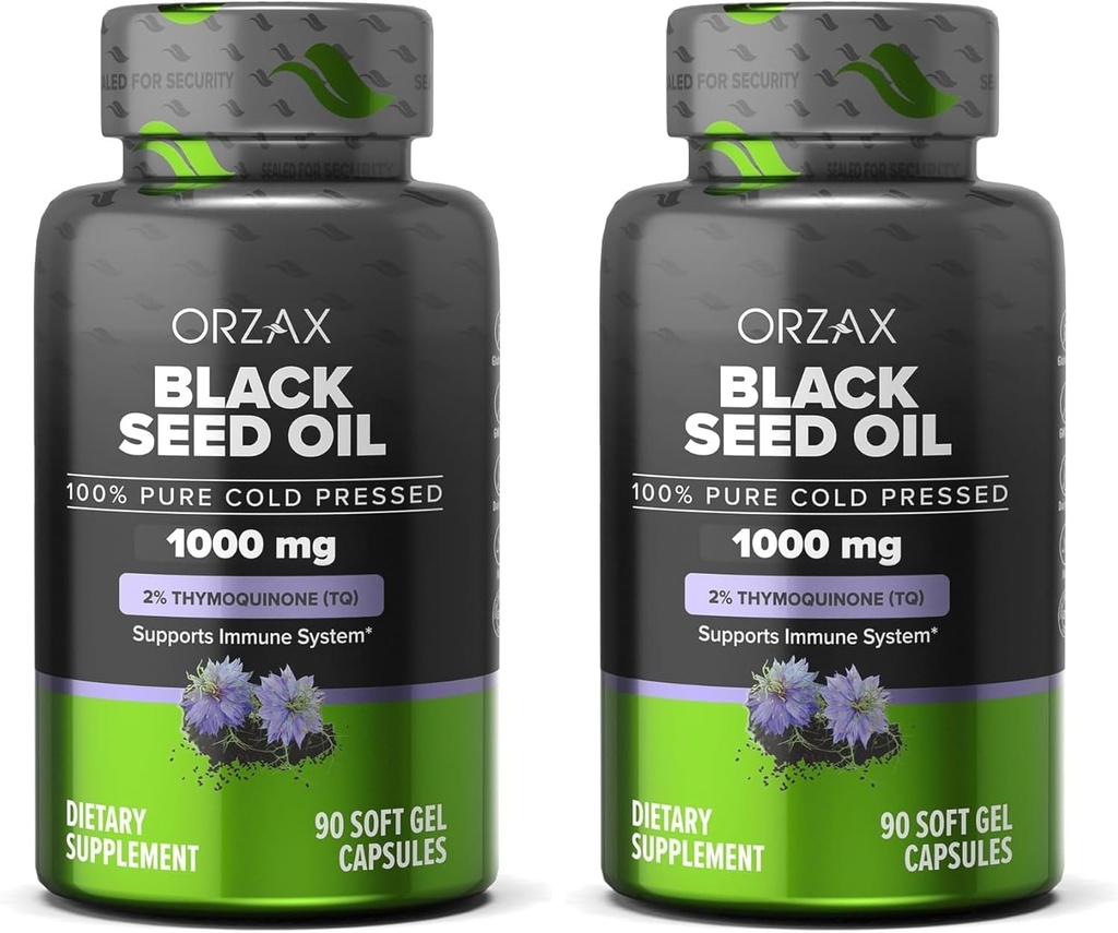 ORZAX Black Seed Oil 1000 mg Orgânica Cold Pressed Cápsulas para Cabelo, Pele e Articulações - Rico em Omega 3 6 9 - Não-GMO, Gluten Free - (90 Cápsulas de Gel Macio) (Pacote de 2)