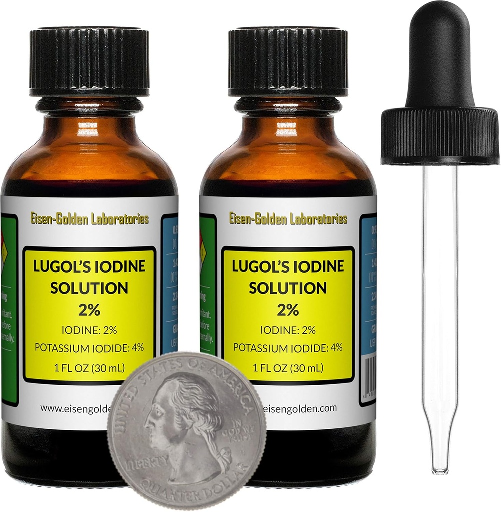Solução de Iodo de Lugol / 2% / 2 Oz em duas garrafas de vidro âmbar / Droppers grátis / EUA