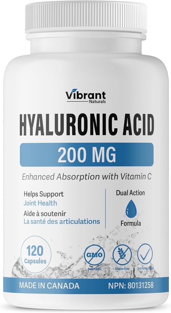 Suplemento de ácido hialurônico 200mg - 120 cápsulas, com vitamina C 100mg, articulação e saúde da pele, fermentação não-GMO, sem glúten, teste de terceiros, fórmula biodisponível