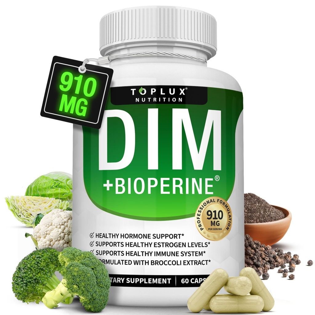 Dim Supplement 910 mg Plus BioPerine Complex - Diindolilmetano para apoiar o equilíbrio hormonal e o metabolismo de estrogênio, ajuda com Menopausa Acne PCOS melhor musculação da pele, para homens mulheres, 60 cápsulas