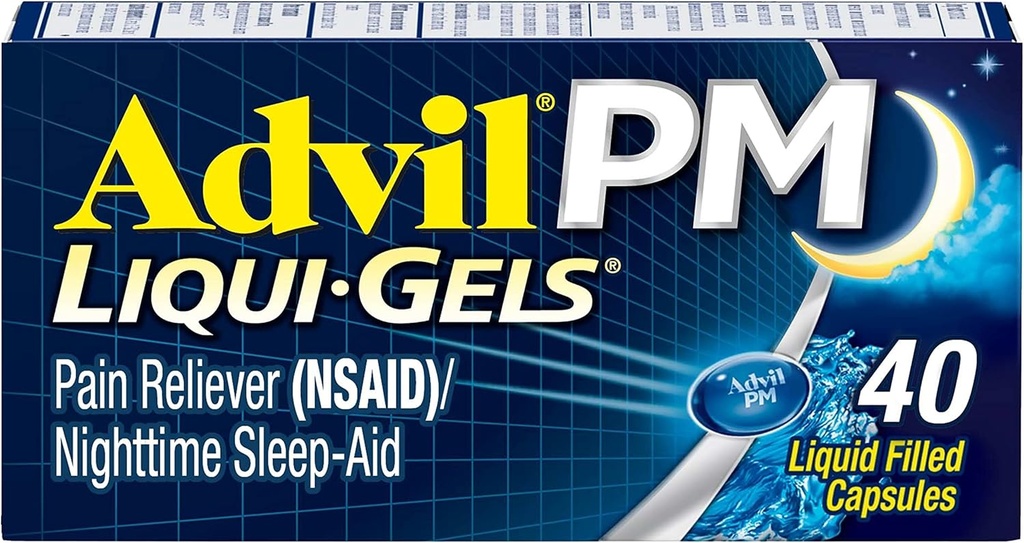 Advil PM Pain Reliever e Nighttime Sleep Aid, Medicina da Dor com Ibuprofeno para alívio da dor e Citrato de Difenidramina para um Sleep Aid - 40 Caplets revestidos