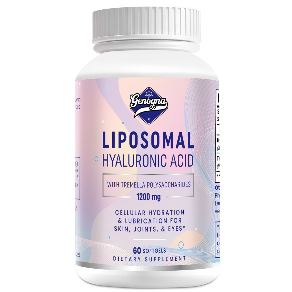 Suplementos de Ácido Hialurônico Lipossômico 1000mg-Alto Biodisponível Cápsulas de Ácido Hialurônico Dietário com polissacarídeos Tremella,Hidratação dupla da pele,Lubrificação conjunta,1Pack