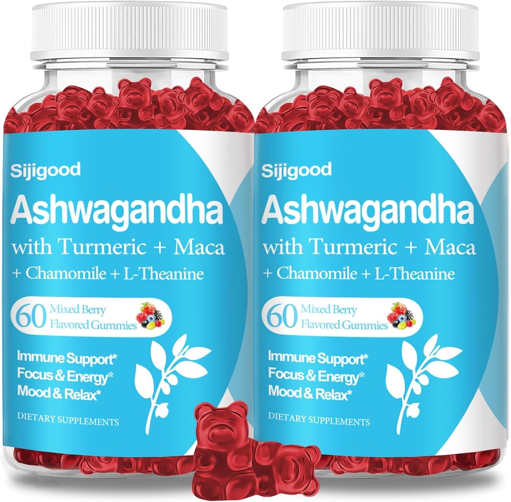 2 embalagens Ashwagandha Gummies com L-theanina, Ashwa Root Supplement Gummy para Mulheres Homens, 120 pastilhas mistas com sabor de cereja