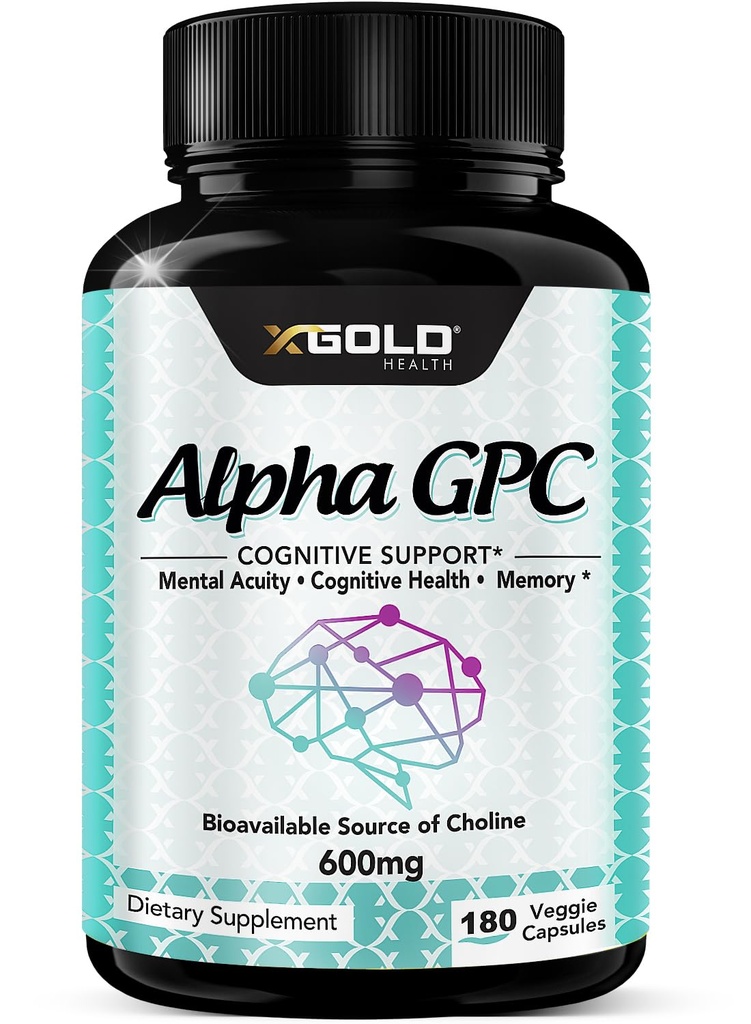 Alfa GPC suplemento de colina 600mg, 99%+ Altamente purificado, Altamente Biodisponível Fonte de Choline, 180 Cápsulas Veggie, Nootrópico Enhancer Cognitivo, Suporta Memória e Função Cérebro, Aumenta o Foco e Mood