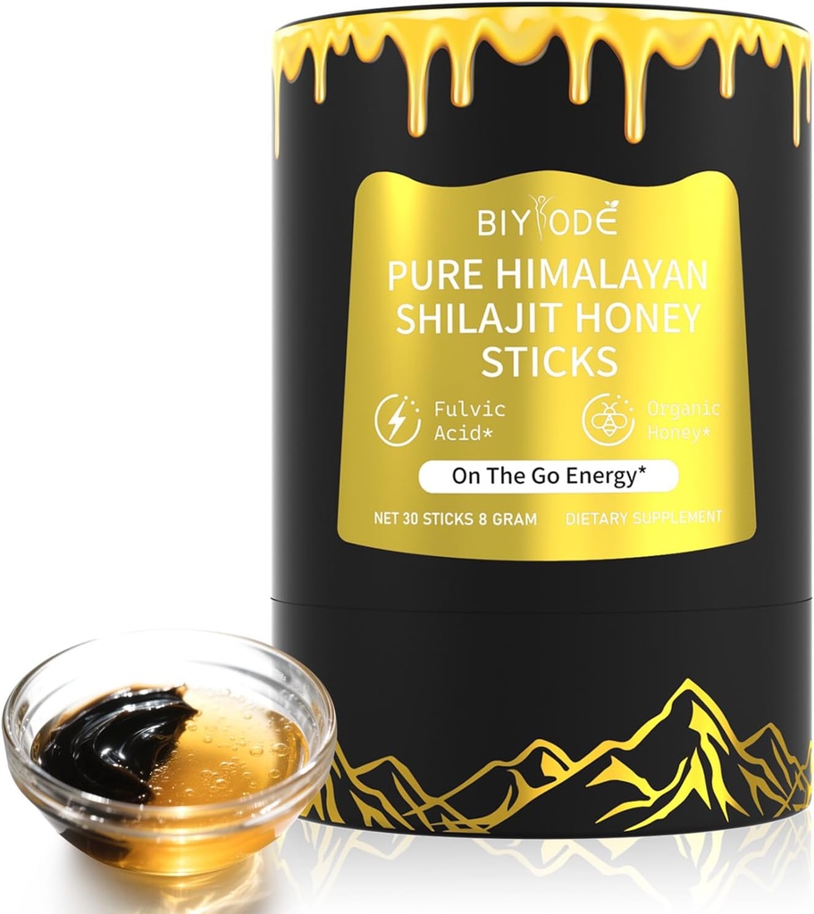 Himalayan Puro Shilajit Sticks com mel orgânico, açafrão fácil de consumir Shilajit 30 Sticks para aumentar a energia Imune 85+ Trace Minerals 75%+ Abastecimento de ácido fulvico 30 dias