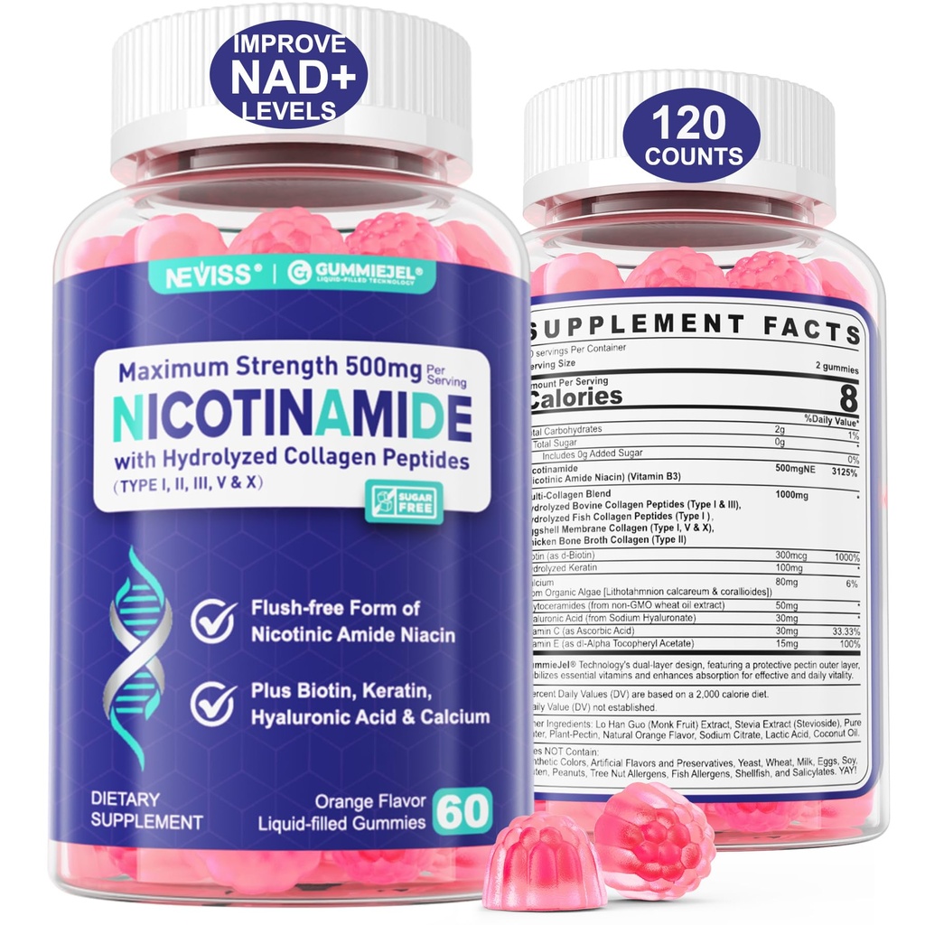 2 Embalagem - Nicotinamida 500mg Gummies, NAD+ Suplemento para Mulheres e Homens w/ Colágeno Peptídeos, (Niacina Livre de Flush) Vitamina B3 Niacinamida para Anti- Envelhecimento, NAD+ Níveis, Longevidade, Foco & Cérebro, Açúcar Livre