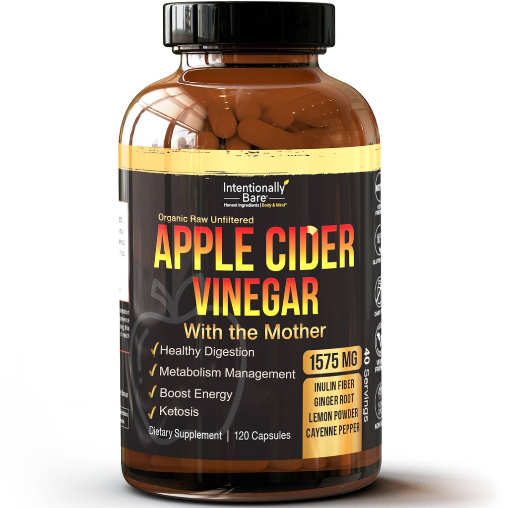 Intencionalmente Bare Apple Cider Vinagre com Cápsulas Mães - Cápsulas ACV com Ginger, Lemon, Cayenne e Inulin - Keto Friendly e Gluten Grátis para Energia, Imunidade e Gut Health - 120 Cápsulas