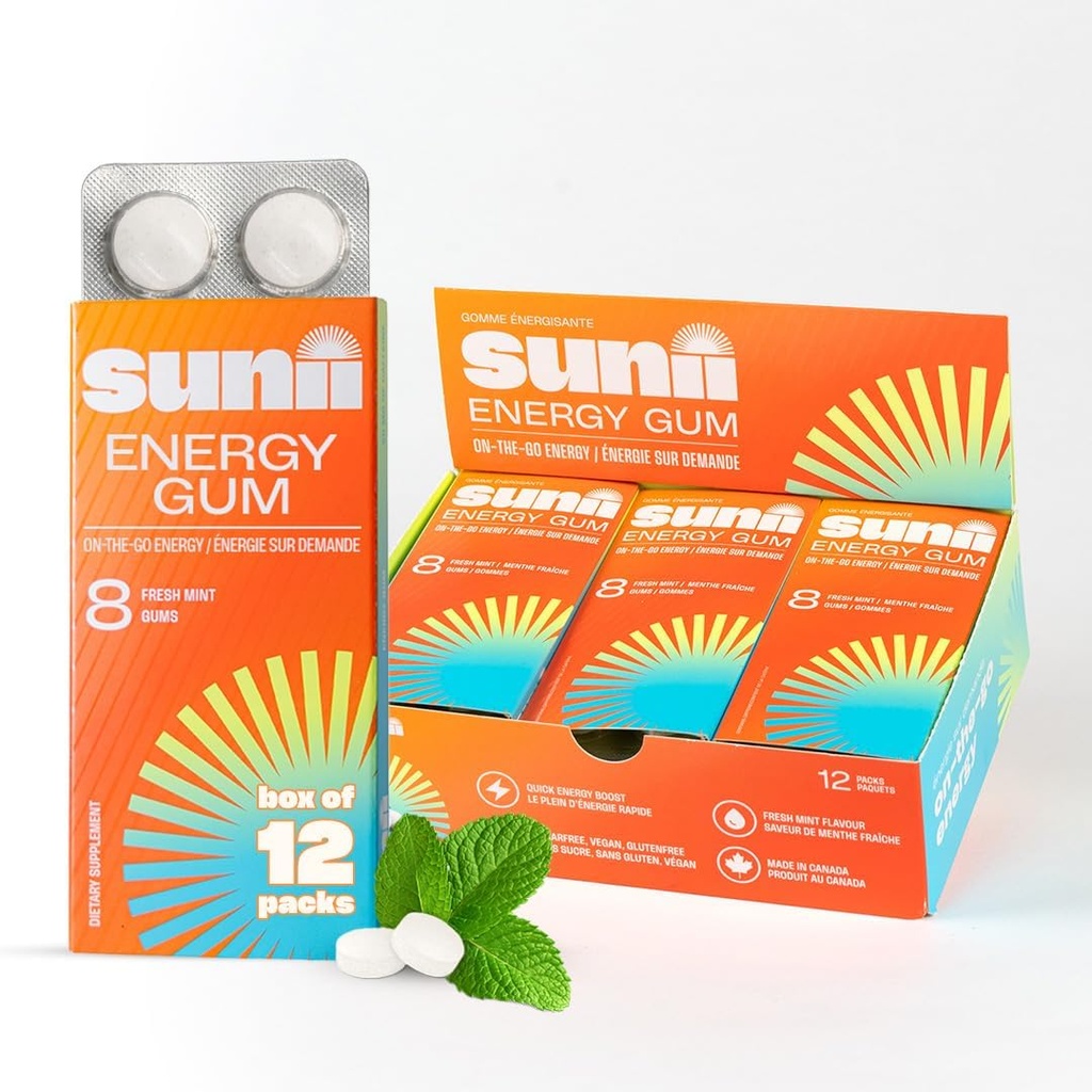 Sunii - Gum Energia - Novo rápido Boost Energia & Foco - 50mg Gum cafeína - Vitaminas B6 & B12, Taurina, Vegan, Sem açúcar, Caloria Zero, Gosto de hortelã fresco - Mais rápido do que mastiga, Bebidas, Gels & Pills (96pcs)