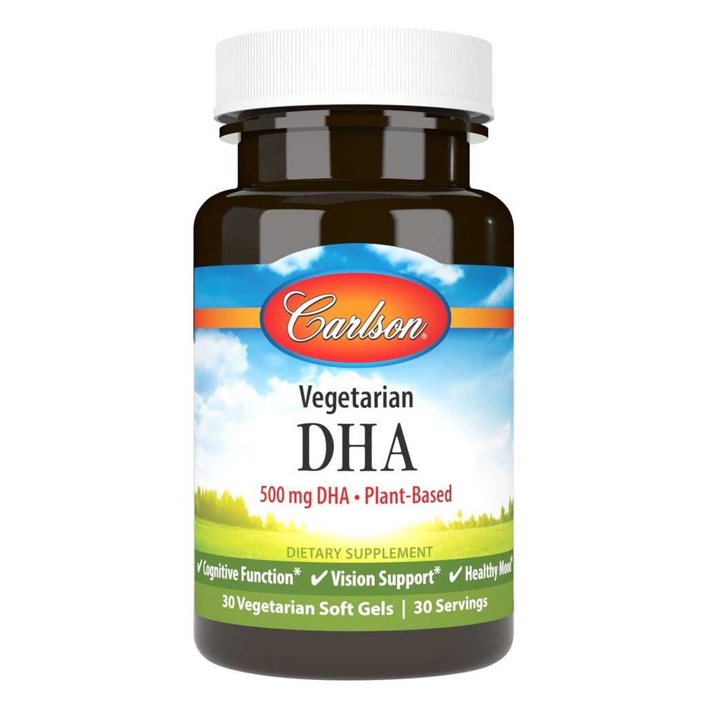 Carlson - Vegetariana DHA, 500 mg DHA, Planta Baseada, Sustentável Fonte de Algae, Suporte ao Cérebro, Saúde do Humor, 30 Softgels
