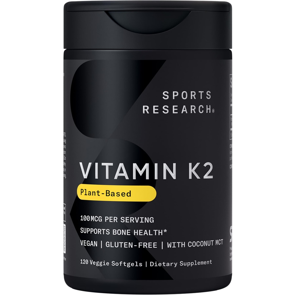 Esportes Pesquisa Vitamina K2 como MK-7 100mcg com óleo de coco MCT - 120 Veggie Softgels (4 Mês de Fornecimento) Vegan Certificado, Não-GMO Verificado, Glúten e Soja Grátis
