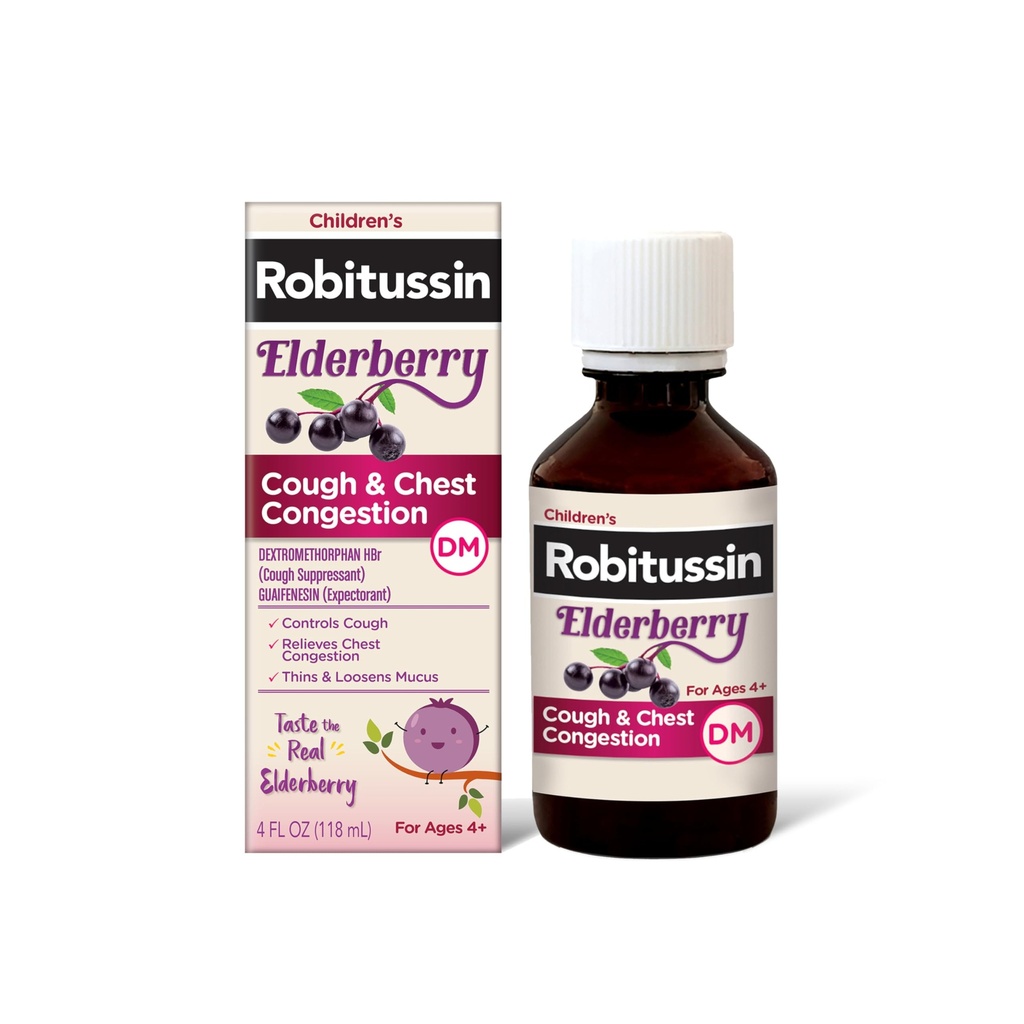 Robitussin Elderberry Tosse + Congestão de tórax DM Medicina de tosse infantil, alívio de congestão de tórax e xarope de tosse - 4 Fl Oz