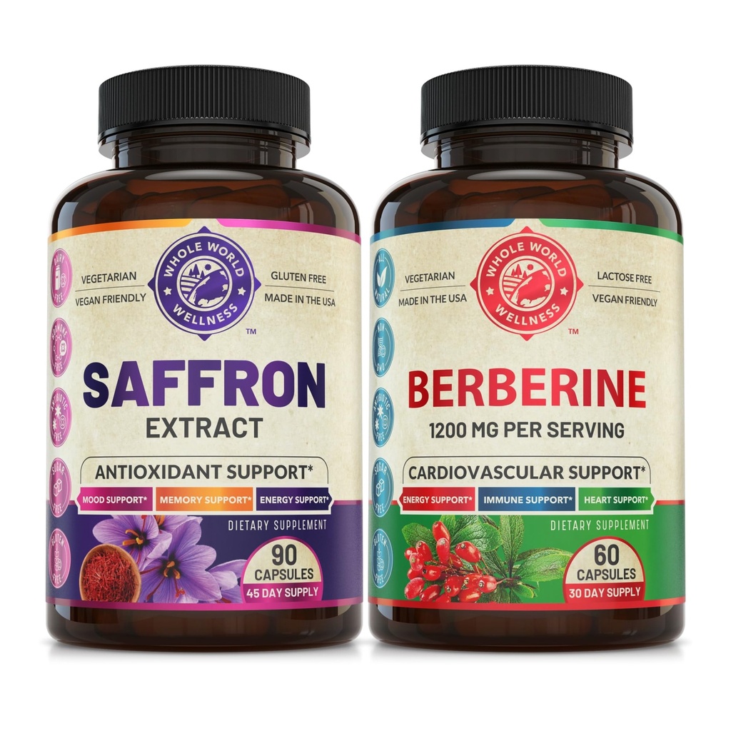 Pure Saffron Extract & Premium Berberine Bundle (uma garrafa cada). Suporta Mood, Energy Boost, Função Metabólica. EUA Made.