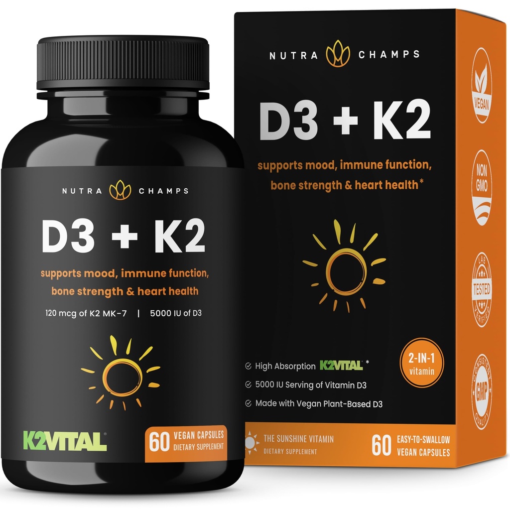 NutraChamps D3 com K2 MK7 Suplemento para Saúde do Coração e Osso ; Vitamina D & K Complexo ; 5000 UI de Vitamina D 3 & 100 mcg de Vitamina K 2 MK-7 ; 60 Cápsulas Vitamina K2 D3