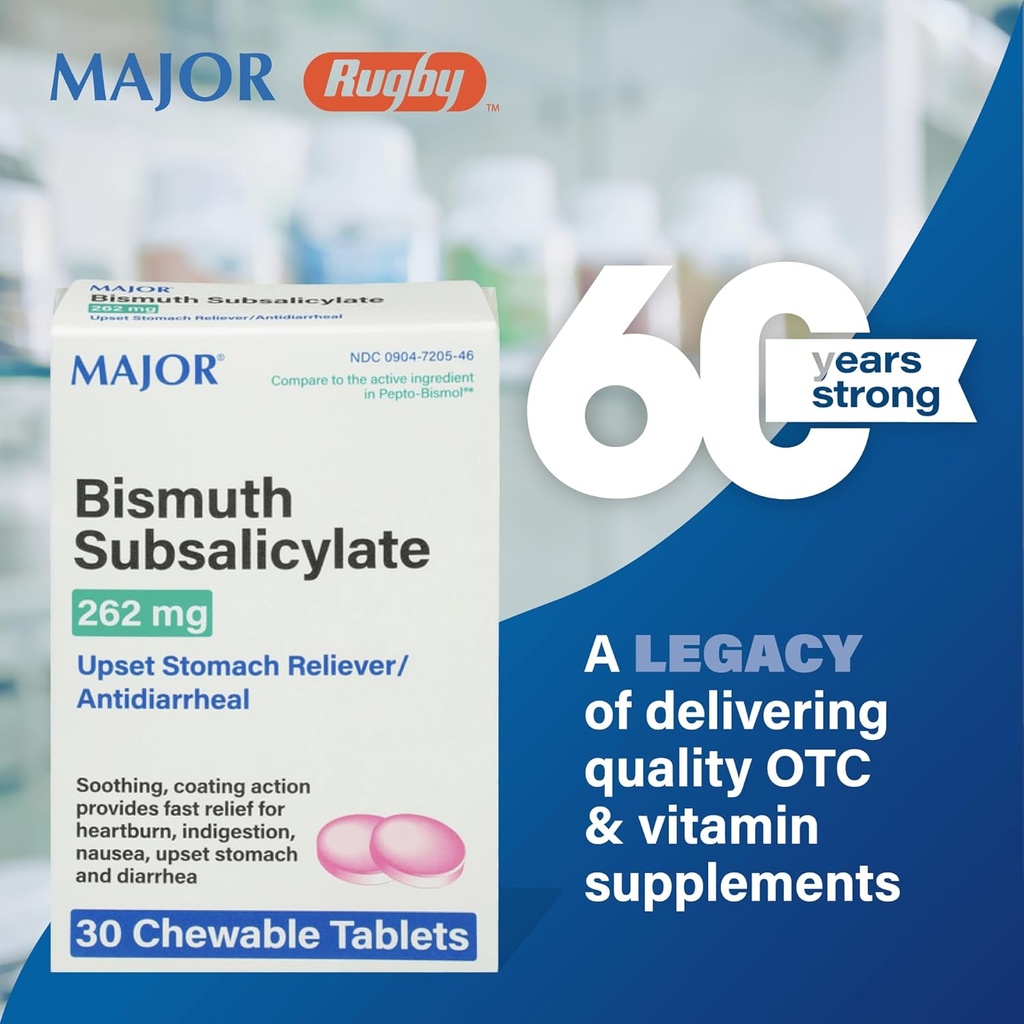 MAJOR Bismuth Subsalicilato 262mg Mastigables - Oferece Azia, Indigestão, Náuseas, Diarréia e Alívio Estômago Perturbado - Antidiarreia - 30 Comprimidos Mastigáveis