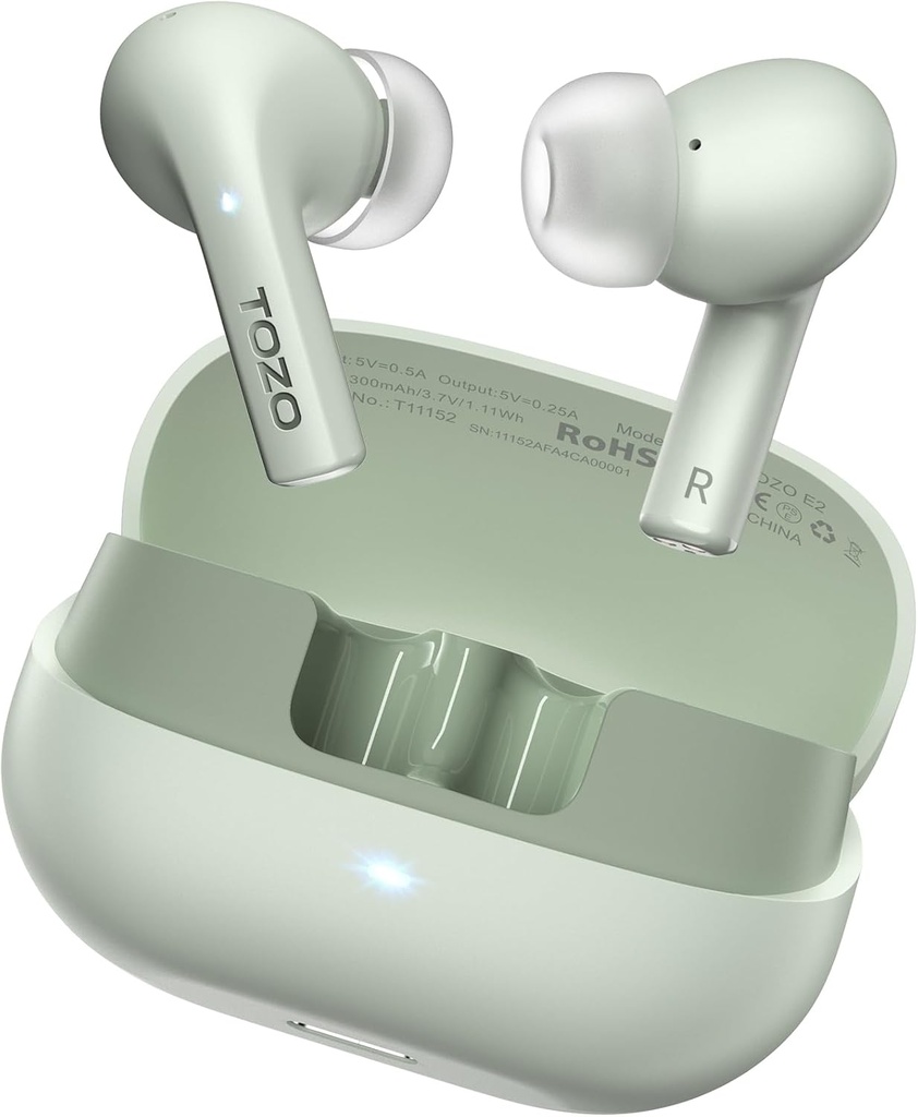 Tozo E2 Wireless Earbuds com 2 Mics AI Chamada de cancelamento de ruído, 10mm Drivers com baixo poderoso, App Personalize 32 EQs, 30H Playtime, Bluetooth 5.3 Ear Buds, Comfort Fit in-Ear Auscultadores