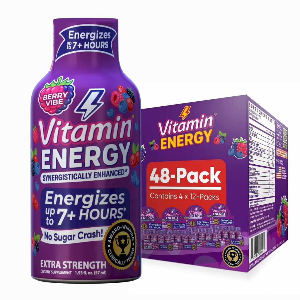 Vitamina Energia Mood+ Energia de força extra Shot Tropical Berry 48 Pack, 260mg Cafeína natural, B-Vitaminas, Rhodiola, Camomila, Mood & Suporte Energético, Zero açúcar, Sem glúten, Vegan, 1,93 fl oz
