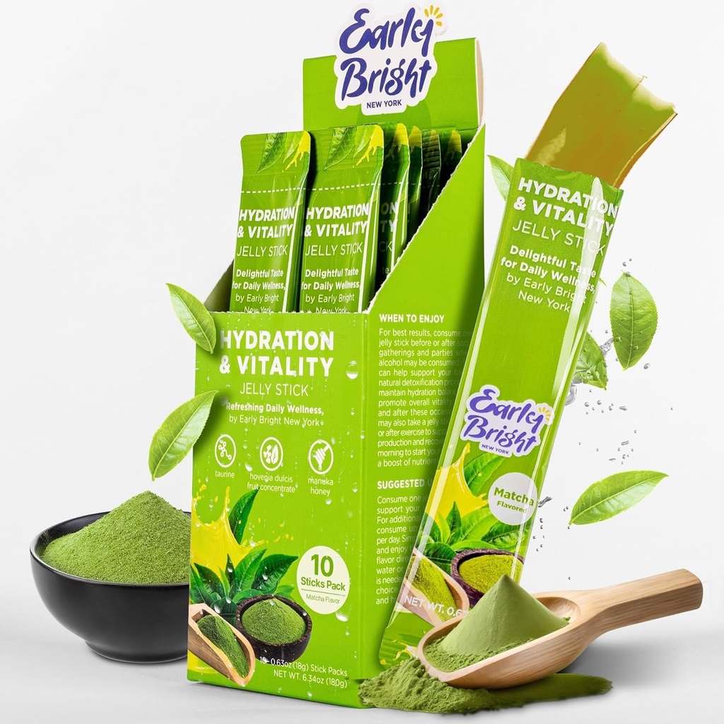 Jelly Sticks - Matcha-Flavored para uma manhã melhor depois de beber, suporte de fígado e vitalidade com Taurine & DHM, Sinta-se refrescado e energizado, 18gX10ea