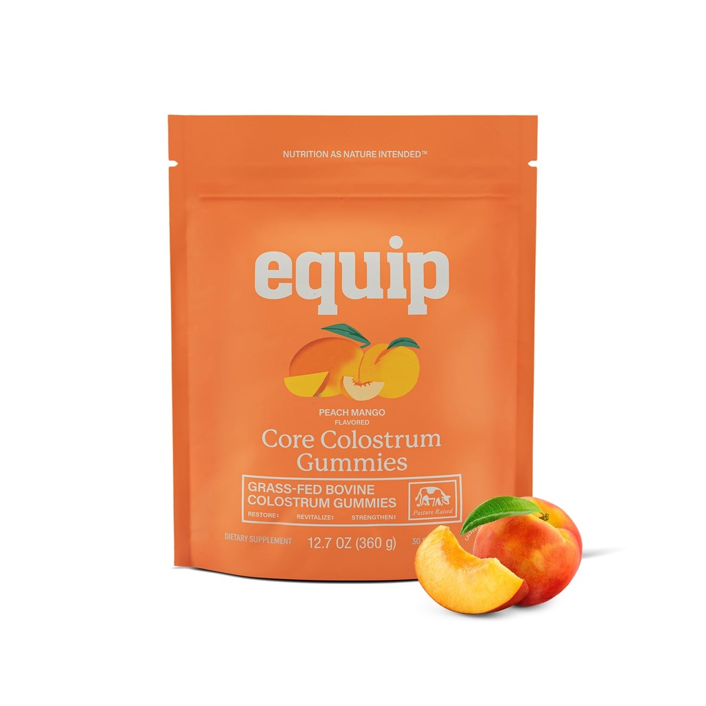 Equip Alimentos Núcleo Bovine Colostrum Gummies, Delicious 1g Per Seving Grass Fed Colostrum Supplement - Gut Health, Imunidade, Recuperação, Cabelo & Pele - 60 Bovine Colostrum Gummies, 30 Servings, Mango de pêssego