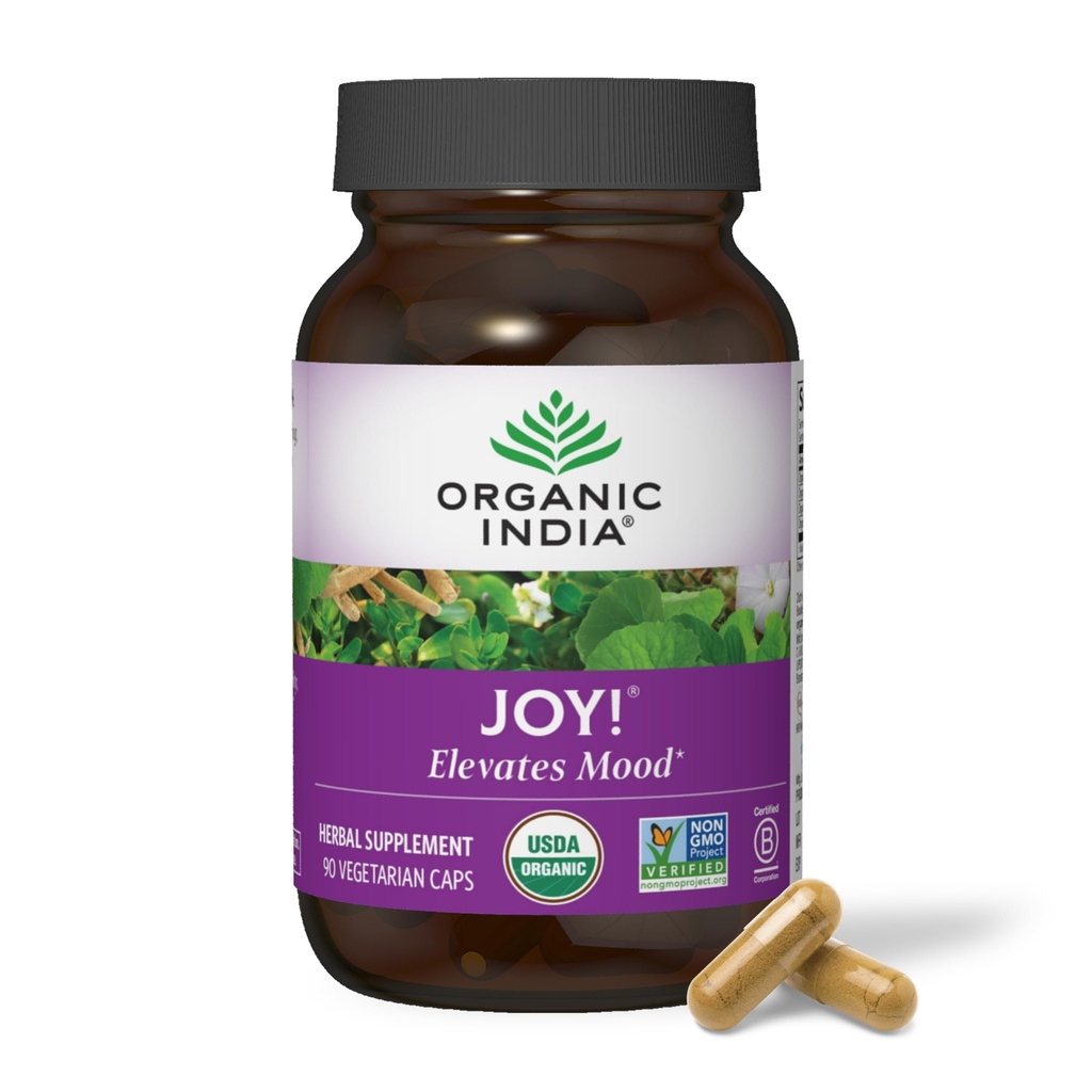 ÍNDIA ORGANIC Joy Herbal Supplement - Suporte Imune, Promove memória e concentração, Vegan, Sem glúten, Kosher, USDA Certified Organic, Non-GMO, Calming - 90 Cápsulas
