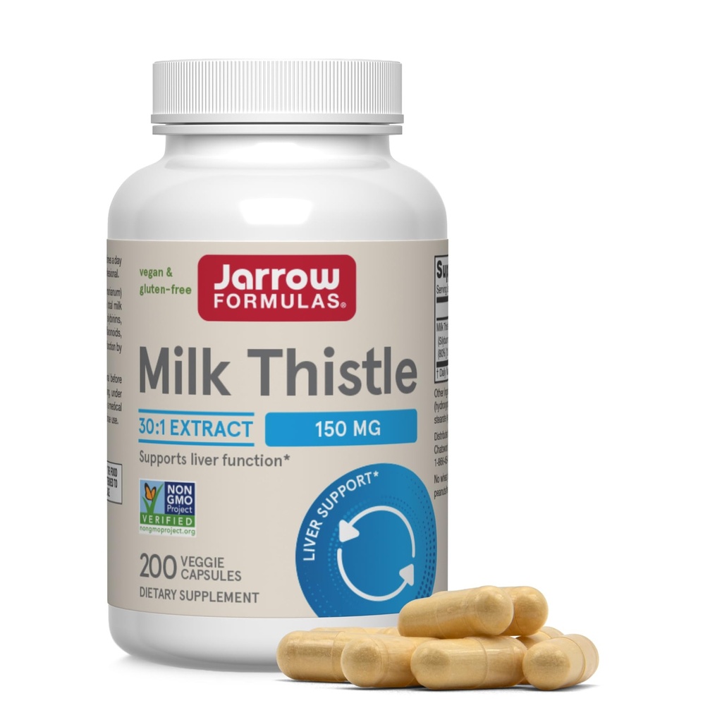 Jarrow Fórmulas Cardo de Leite 150 mg com 30:1 Extrato de silimarina padronizado, Suplemento dietético para suporte de função hepática, 200 Cápsulas Veggie, 66-200 dias de fornecimento