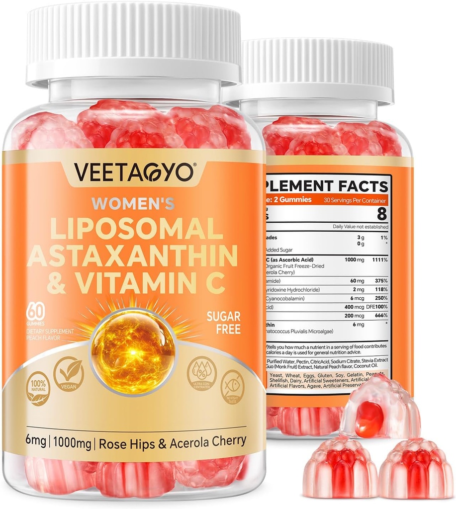 Suplementos de astaxantina 6mg + Vitamina lipossomal C 1000mg - Camada dupla - Niacina B6,B12, Folato, Biotina - Antioxidantes - Gelatina livre, Açúcar livre, 60Cts