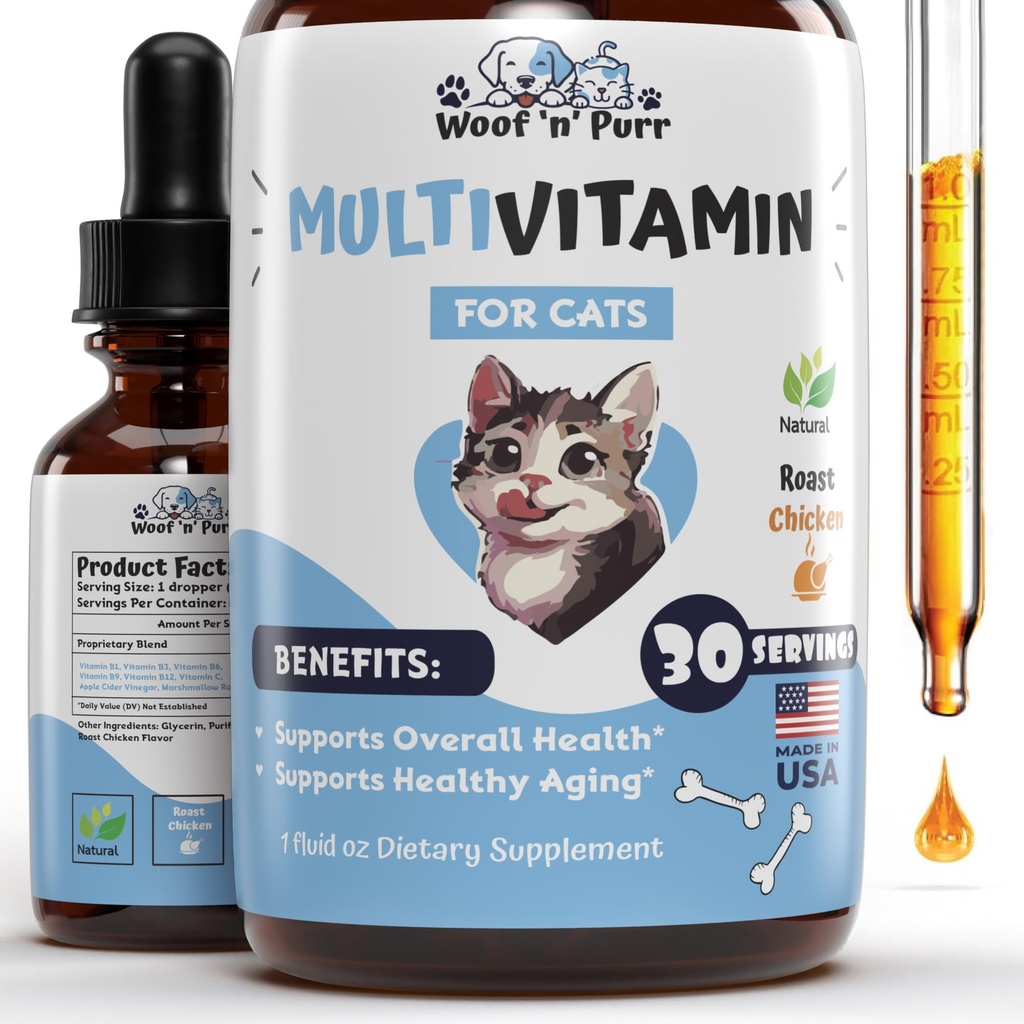 Multivitamina de gato - Promove pele saudável e casaco, apoio conjunto, longevidade e mais - Vitaminas de gato - Suplementos de gato e vitaminas - Vitaminas de gato para gatos internos - Vitaminas Kitten - Apoio Imune de gato - 1 oz