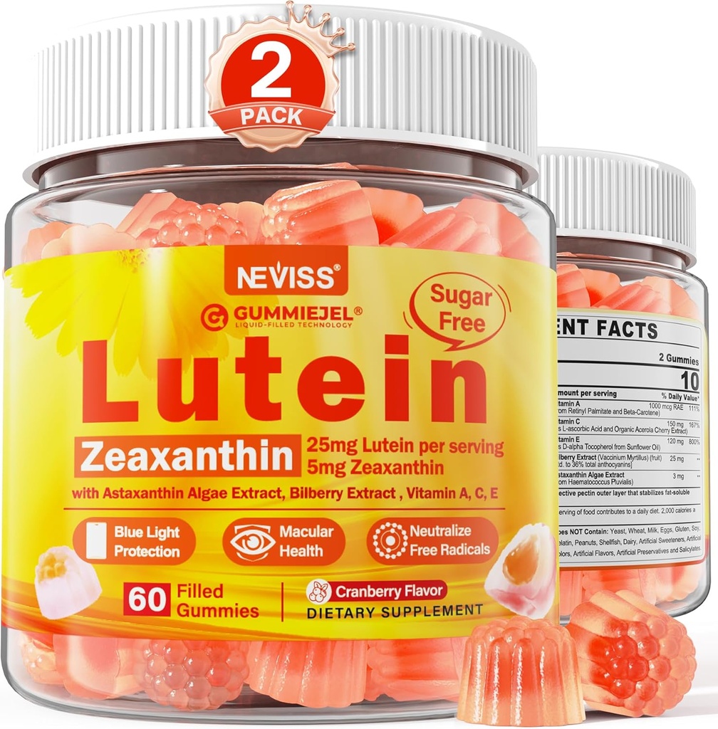 2 Pacote Lutein e Zeaxantina Suplementos Gummies (25mg) Vitaminas A, C, E, Bilberry, Astaxantina - Óleo de coco para melhor absorção - para adultos e adolescentes Visão, Olho, Cérebro, Pele - Vegan, Açúcar grátis