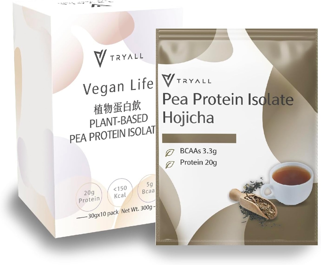 TRYALL Planta Based Ervilha Proteína Pó Isolate (20g de proteína) Saquetas de viagem (Hojicha, 10 pacotes)