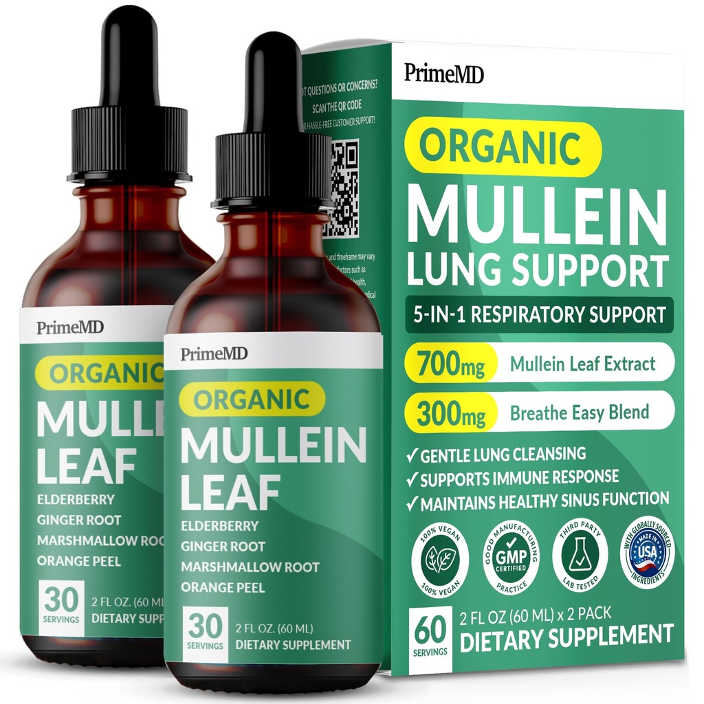 5-em-1 Gotas de Mullein para pulmões e brônquios - Apoio à saúde respiratória do pulmão com extrato de folha de Mullen para pulmões - Tintura de Mullein com Elderberry, Echinacea e raiz de gengibre (60 Servings) (2-pack)