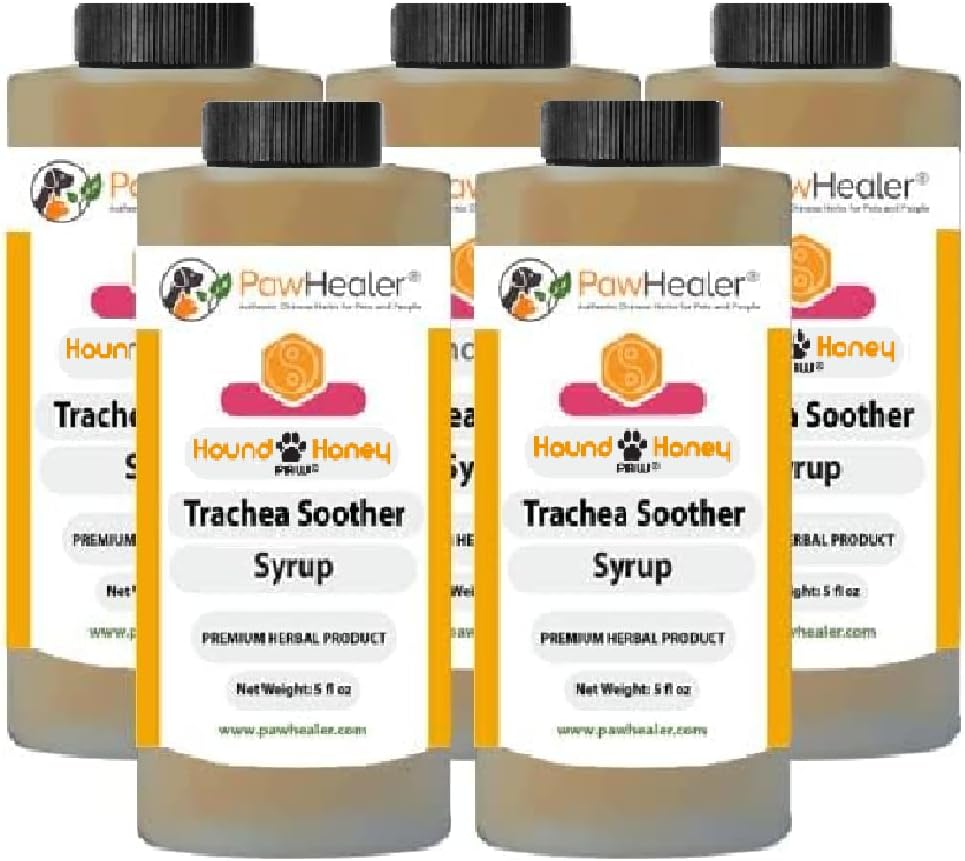 Trachea Soother Syrup 5PAK Hound Honey - Remédio de ervas naturais para sintomas de traqueia colapsada - Sabe bem - Fácil de administrar (5 fl oz/ea)