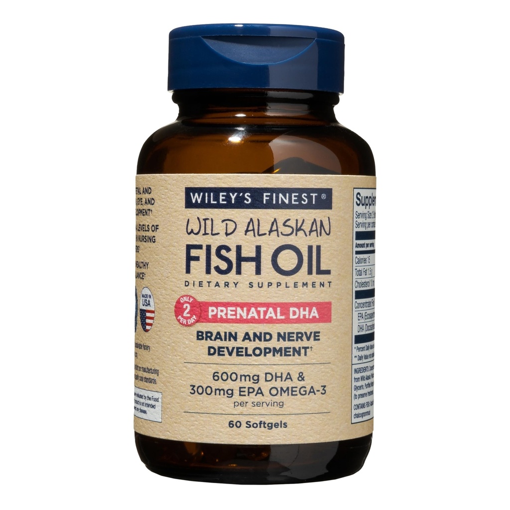 Wiley's Finest Wild Alaskan Fish Oil Prenatal DHA - 900mg EPA e DHA Omega-3s para grávidas e mães de enfermagem - 60 Softgels (30 pré-natal Vitamina Servings)