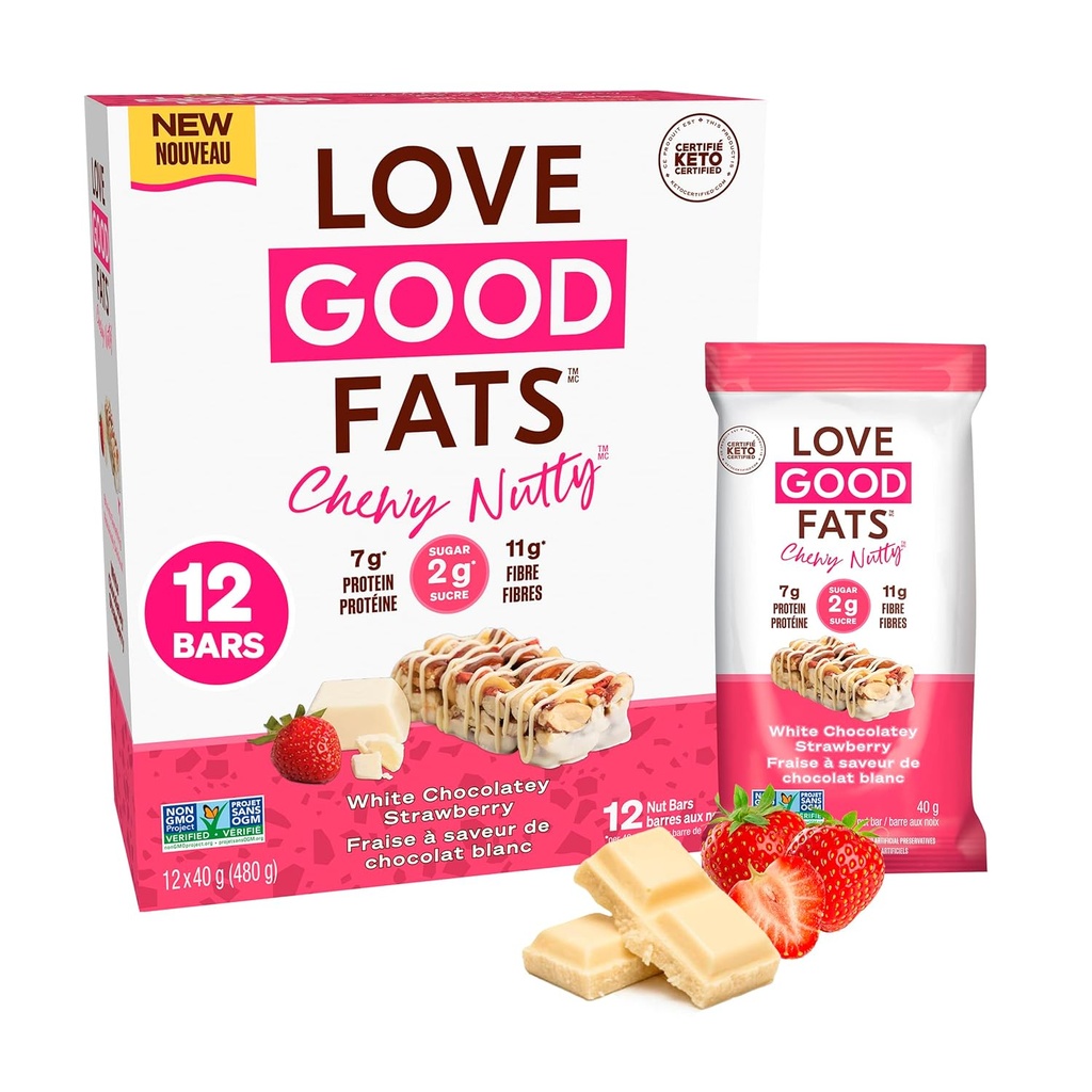 Love Good Fats Chewy Nutty White Chocolatey Strawberry Keto Bares - Low Carb Protein Snacks - 12 pacotes (1.59 onças / 45g cada bar)