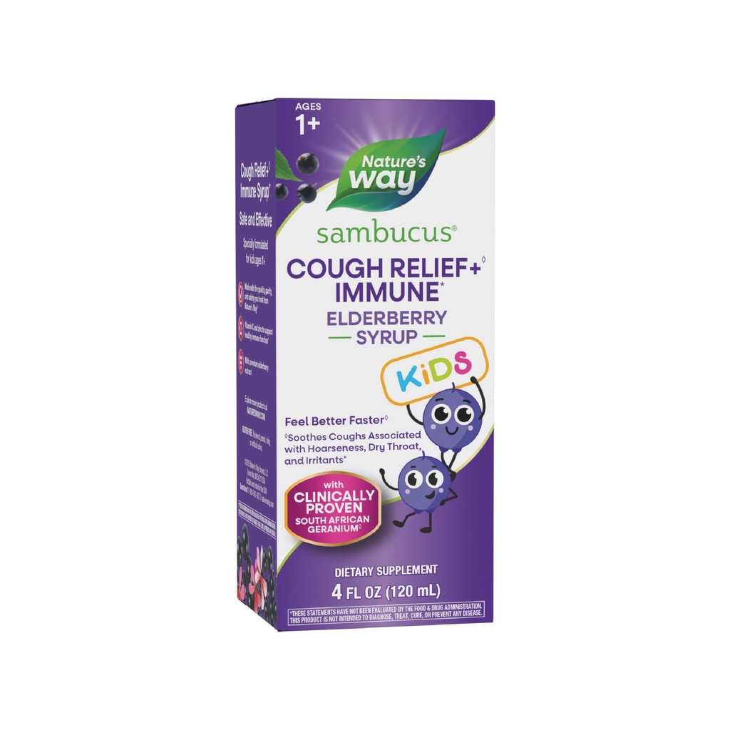 Nature’s Way Sambucus Kids Cough Relief + , Imune Syrup*, Sentir-se melhor mais rápido , Clinicamente provado Gerânio Sul Africano, com extrato de elderberry, Vitamina C & Zinco, Glúten livre, Vegan, 4 Fl Oz