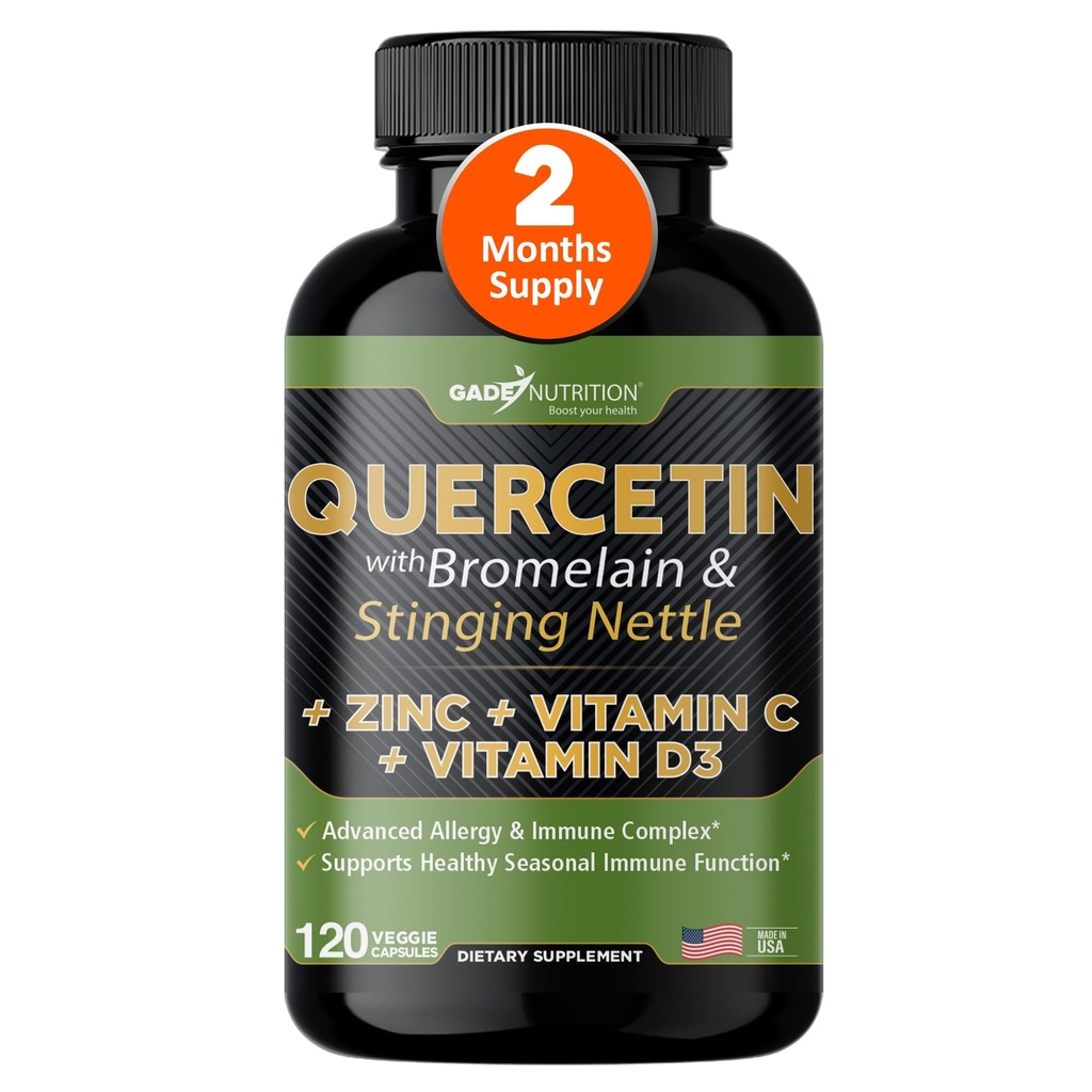 Quercetin com vitamina C e zinco - Nettle Quercetin - Quercetin 500mg - Quercetin com bromelaína - Zinc Quercetin + Vitamina D3 - 120 Veggie Caps - (Não-GMO, Gluten-Free, Vegan) - 2 meses de fornecimento