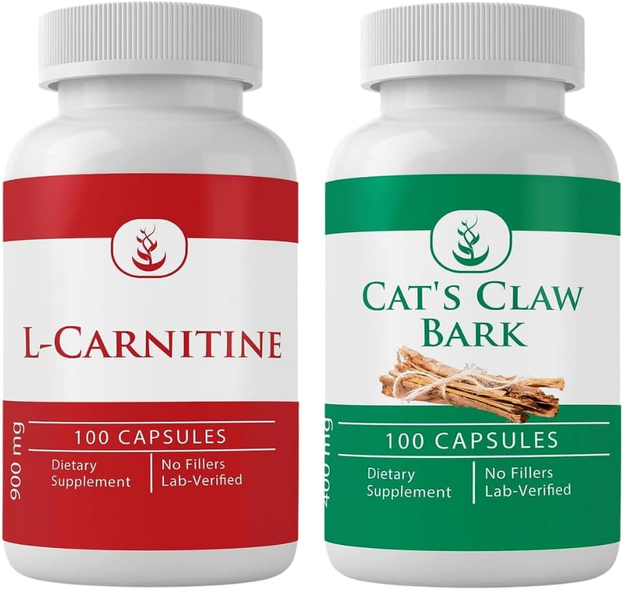 INGREDIENTES ORIGINAIS PUROS L-Carnitina e Garra de Gato Bark Bundle, 100 cápsulas cada, sempre puro, sem aditivos ou enchimentos