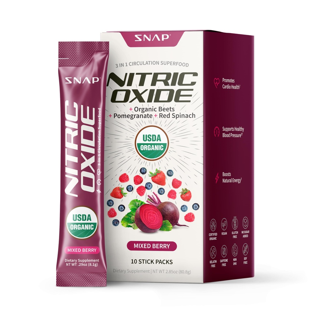 Suplementos de Snap USDA Orgânico Beterraba Raiz Nitrico Suplemento, Suporta Circulação e Pressão Sanita já dentro do intervalo normal, 10 pacotes de serviço único, Berry misto