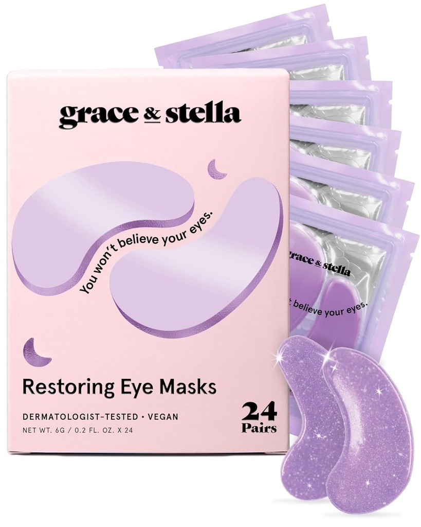 graça & stella Retinol Sob colchas de olhos para Puffy Olhos e círculos escuros - Restaurando Gel Sob máscaras de olhos com ácido hialurônico - Vegan Cruelty-Free Skincare, Presentes de aniversário para mulheres (Purple, 24 pares)