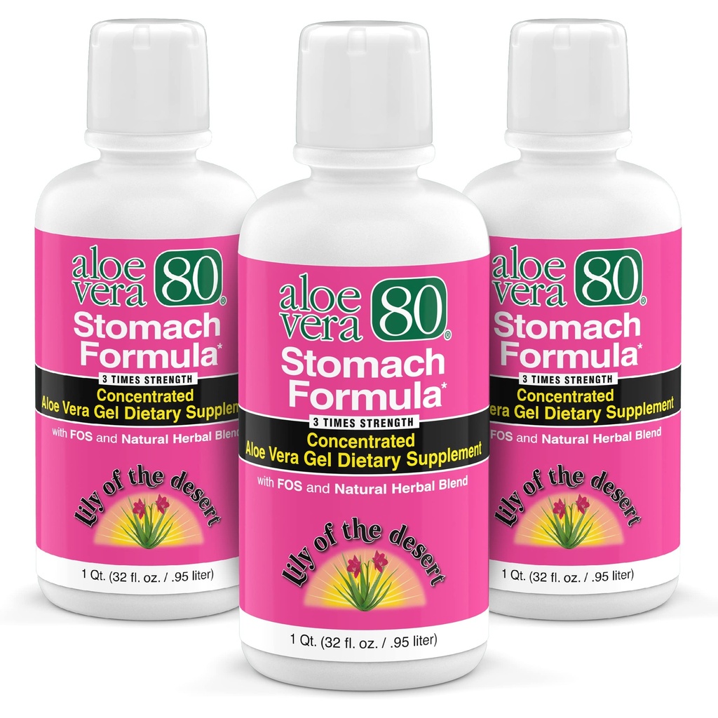 Lily Of The Desert Stomach Formula, Aloe Vera 80 Gel - concentrado Aloe Vera Juice com Slippery Elm, Camomila, hortelã, e Ginger para Gut Health, Azia, Reflux ácido, 32 Oz (Pack of 3)