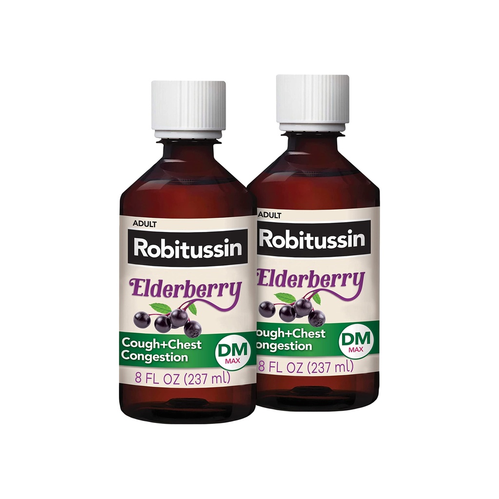 Robitussin Máxima Força Elderberry Cough Plus Chest Congestion DM, Supressor de Tosse para Adultos, Fornecendo Não Drowsy Liquid Cough e Chest Congestion Alief - 2x8 Fl Oz