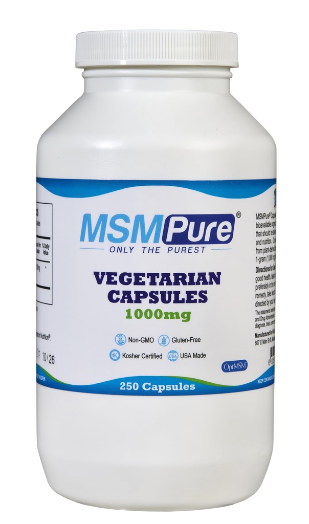 KALA SAÚDE MSMPure MSM Cápsulas Vegetarianas – 1.000 mg US-Made MSM por cápsula para a Saúde Conjunta, Aparência da Pele, Hair & Nail Support – 250 Count, Enxofre Orgânico