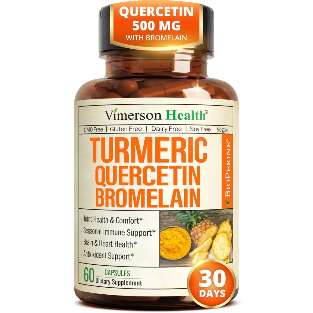 Quercetin com Bromelain Turmeric Curcumin Supplement – Alergia Alívio, Apoio Conjunto e Imune – Suplemento Orgânico Turmeric com Pimenta Preta (Bioperine) – 60 Cápsulas Quercetin 500mg