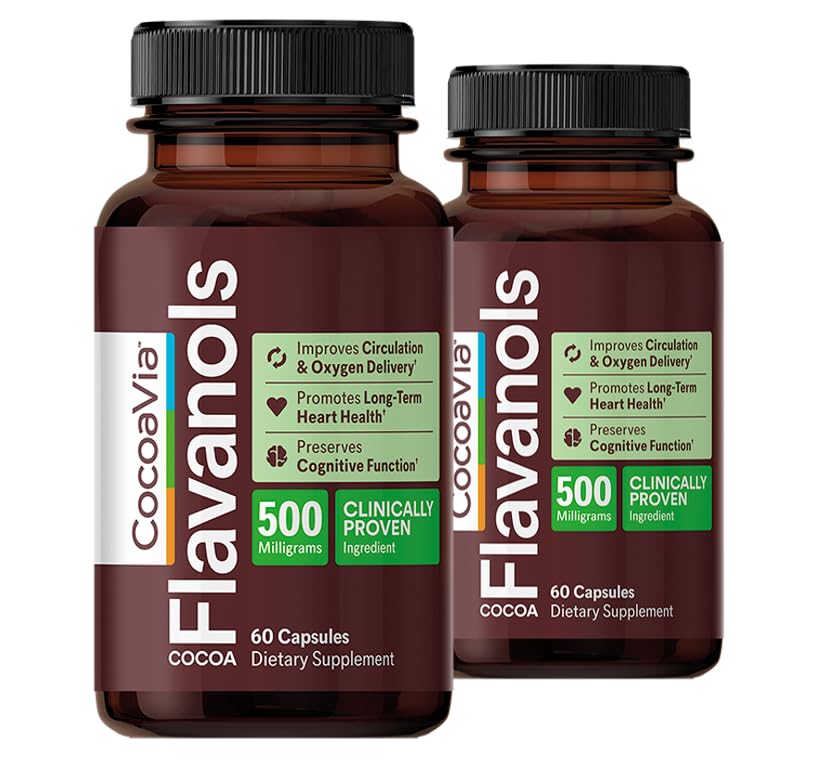 CacauVia Cardio suplemento de saúde, 60 dias, 500mg Cacau Flavanols, Apoiar a saúde do coração, Boost óxido nítrico, circulação de sangue, Energia, Vegan, Chocolate escuro, 120 cápsulas