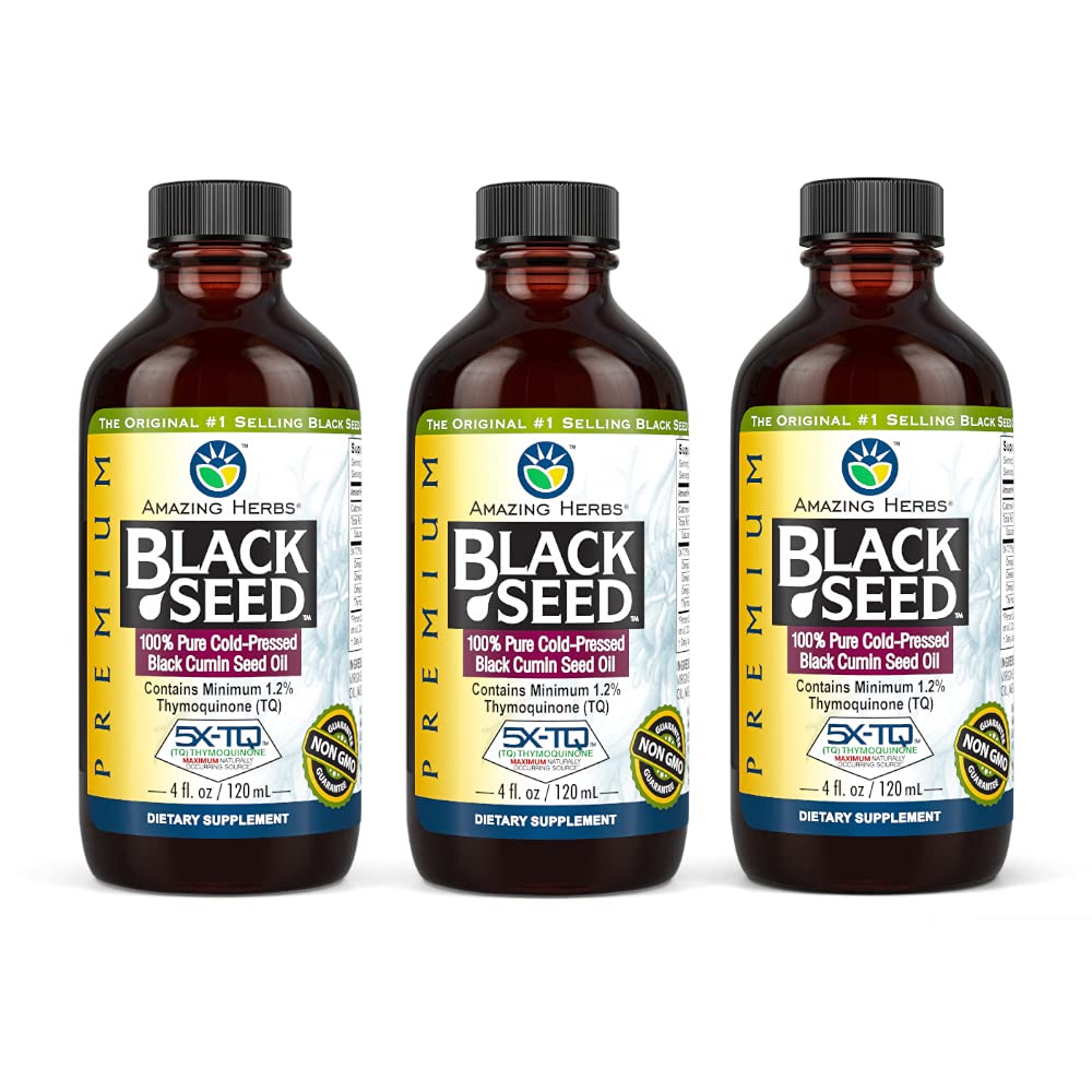 Amazing Herbs Premium Black Seed Oil - Gluten Free, Non GMO, Frio Pressed Nigella Sativa Aids na saúde digestiva, suporte imunológico, função cerebral - 4 Fl Oz (Pacote de 3)