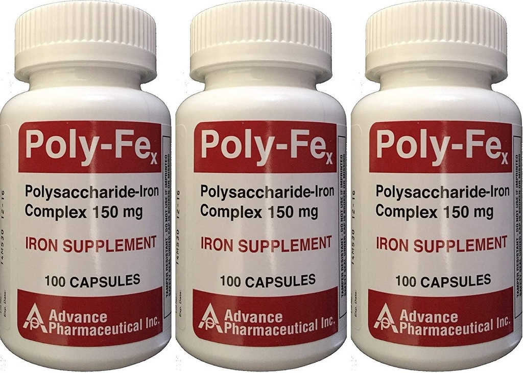 Polissacarídeo Complexo de Ferro 150 mg Cápsulas Suplemento de Ferro 100 Cápsulas por frasco Embalagem de 3 Total 300 Cápsulas