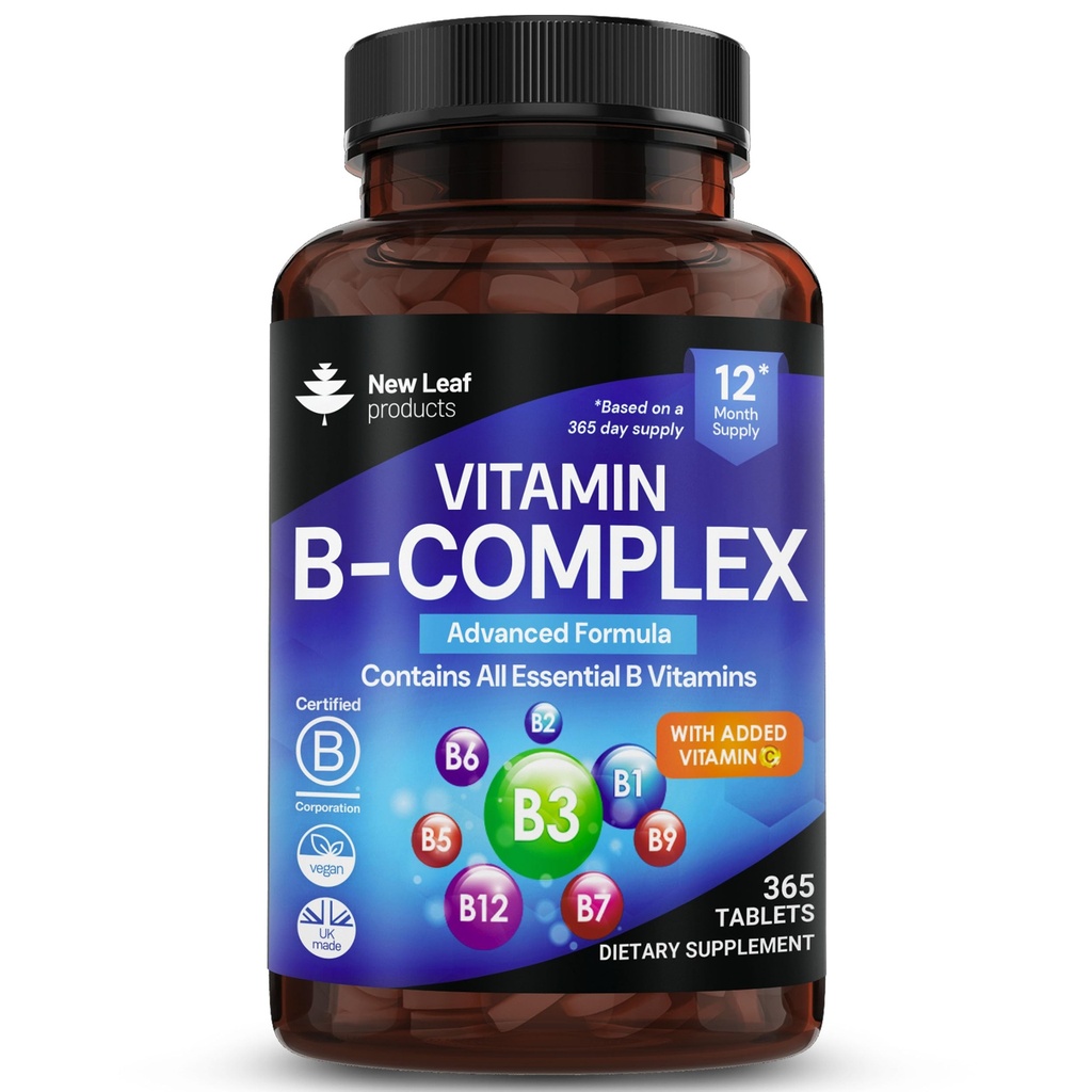 Complexo de vitamina B - 365 comprimidos pequenos (fornecimento de um ano) de alta resistência Todas as 8 vitaminas B1-B2-B3-B5-B6-B12, Biotina, Ácido Fólico e Vitamina C - Redução do cansaço, energia e suporte imunológico - Reino Unido Made