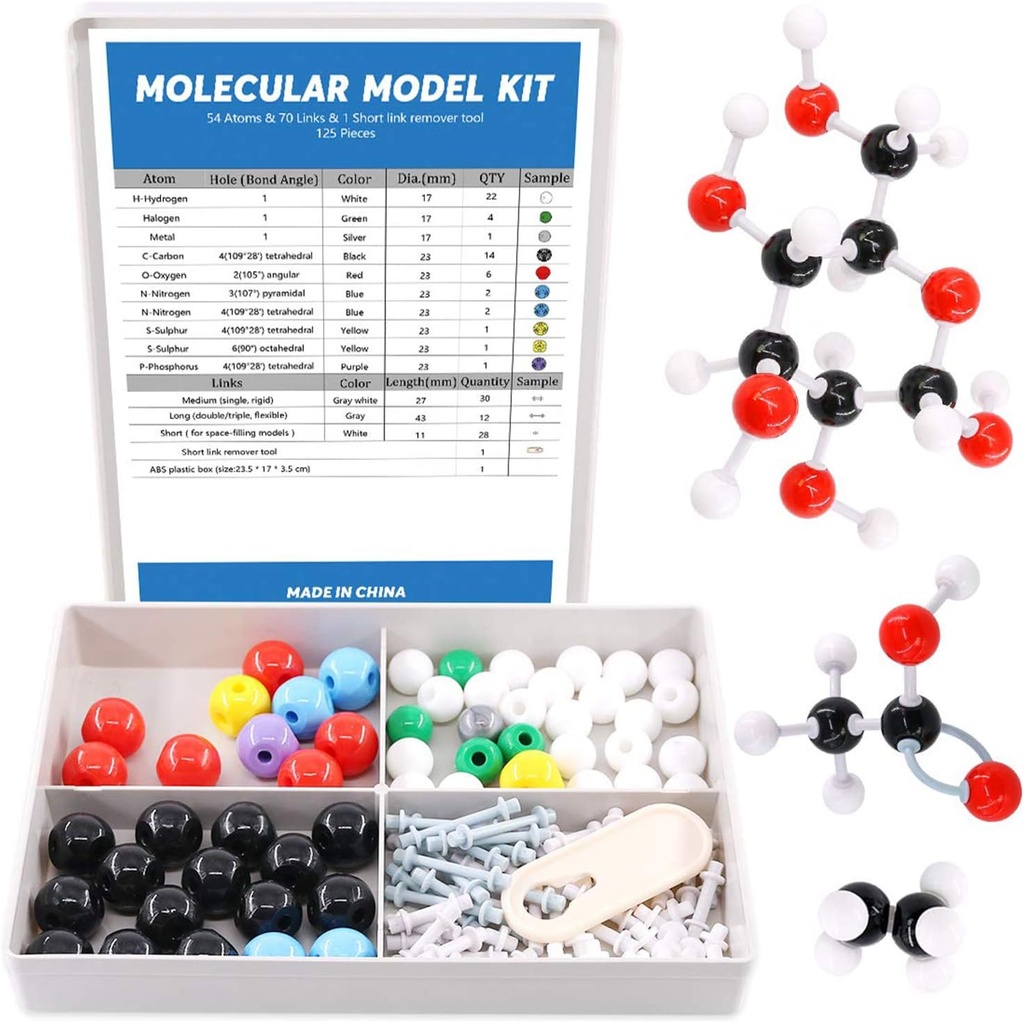 Kit de Modelo Molecular Swpeet 125 Pcs para Professor de Modelo Molecular Inorgânico e Orgânico e Kit de 16 Anos e Mais de Estudante - 54 Átomos e 70 Links e 1 Ferramenta de Remover Link Curto - Brinquedos de Ciência