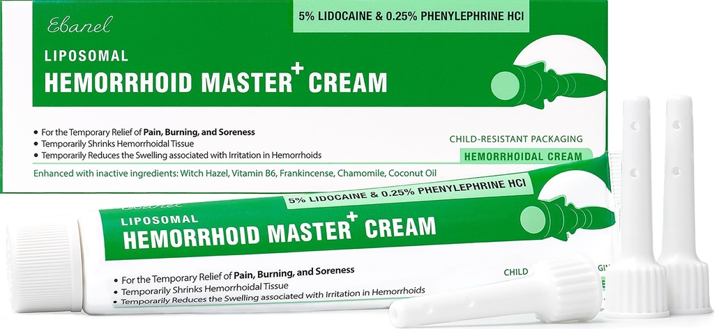 Ebanel 5% Lidocaína Tratamento de hemorroidas Creme com Bruxa Hazel, fenilefrina, Castanha de cavalo, Vitamina B6, Óxido de zinco, Hemorroidas externas e internas Tratamento Queimar Itch dor alívio creme anal
